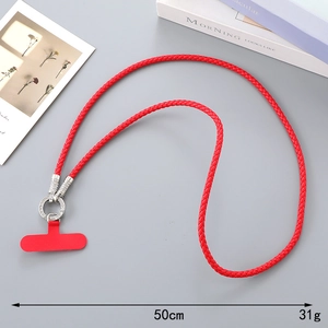 Detail view of 50cm red braided phone strap with rhinestone encrusted silver ring clasp