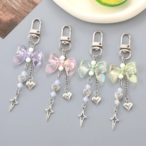 Chic Y2K acrylic bowknot keychains in four colors with star and heart charms