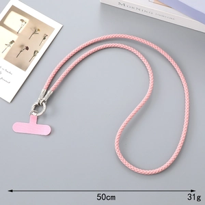 Detail view of pink braided phone strap with silver clasp and 50cm length specification
