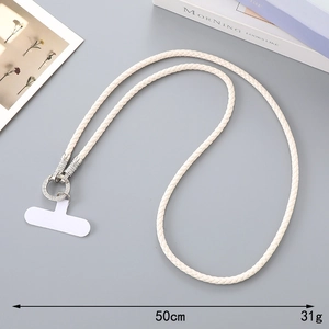 Detail of cream braided PU leather phone lanyard with a rhinestone metal ring buckle