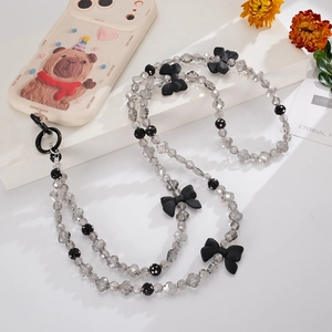 Gray four-leaf clover crystal beaded crossbody phone lanyard with black bow charm