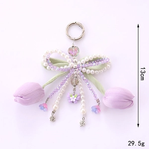 Handmade pearl bow and purple tulip flower pendant keychain for bags and phone cases