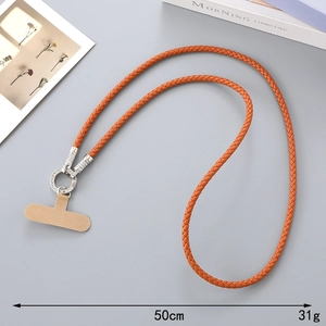 Orange braided leather phone strap with diamond-encrusted silver ring, 50cm long