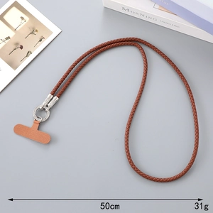Brown braided PU leather phone strap with silver rhinestone clasp and 50cm length detail