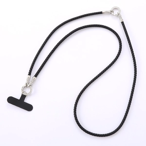 Black braided PU leather phone lanyard with silver rhinestone metal ring and T-shaped patch