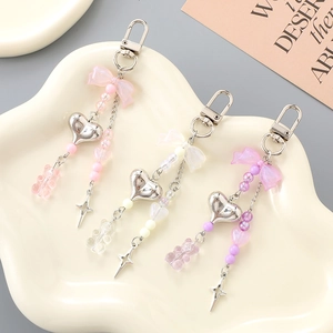 Korean Style Sweet Bowknot Bear Keychain For Women Bag Pendant Phone Charm Beads Alloy Heart Star Resin Satin Ornament