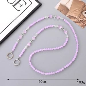 Pink floral beaded 60cm crossbody phone strap with silver rings and purple accents
