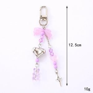 Pastel bear and bow keychain with pink heart bead pendant for bags and phones