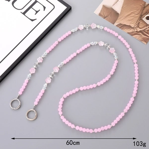 Pink cherry blossom beaded crossbody phone strap 60cm length with silver metal buckles