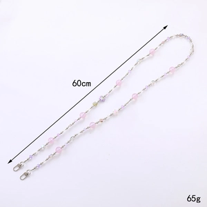Pink matte and clear faceted beaded crossbody strap with metal clasps 60cm long