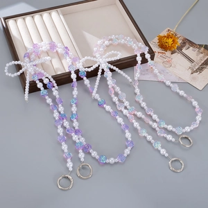 Catena per cellulare in perle con rose cangianti e clip metallica a molla