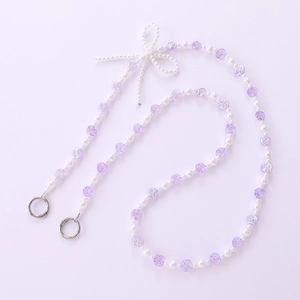 Chic pearl and purple flower bag strap with a pearl bow and silver spring clasps