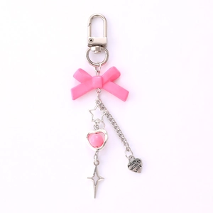 Porte-clés doux avec nœud rose, étoile et pendentif cœur en argent et résine de qualité