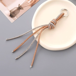 Luxury 3mm rhinestone knotted tassel keychain with silver and champagne crystal chains
