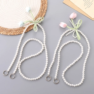 Women Tulip Artificial Pearl Crossbody Phone Lanyard Chain With Satin Bow Floral Decorative Mobile Phone Bag Strap Anti-lost Accessory
