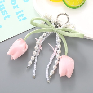 Porte-clés tulipe perlé avec nœud vert et pendentifs floraux roses pour sacs à main
