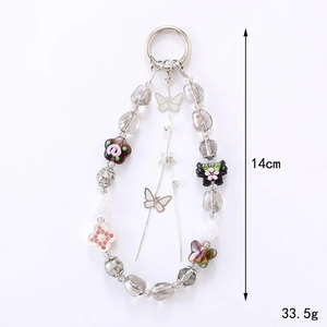 Irregular colored beads phone strap with butterfly tassel and pink clover charm