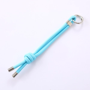Sky blue hand-woven nylon rope keychain with silver metal rings and minimalist design