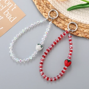 Handmade Beaded Glass Strawberry Keychain For Bags And Phones With Rhinestone Pendant Crystal Bead Strap Fashion Women Jewelry Gift