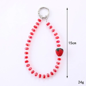 Sparkling strawberry crystal beaded mobile phone charm and keychain with silver clasp 15cm