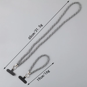 Cordon de téléphone en maille tressée grise pour bandoulière et poignet avec attaches