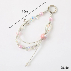 Pink pearl and colorful crystal bead phone strap with silver alloy butterfly charm