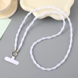 Cordon de téléphone blanc tressé en bandoulière avec anneau argenté et insert