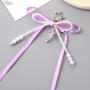 Light purple ribbon bow keychain with star pendant and white imitation pearls