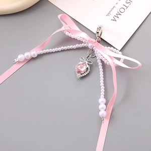 Pink ribbon bow keychain with pearls and heart crystal charm for bags and phones