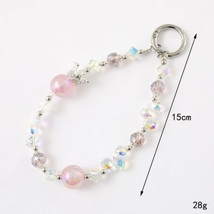 Pink and purple beaded phone charm with silver crown and metal spring buckle accessory