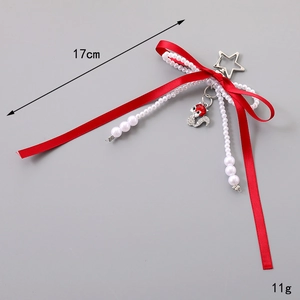 Red satin double bow keychain with fox pendant and pearl tassels, 17cm length charm