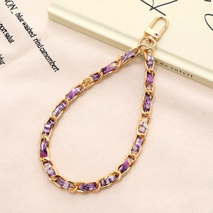 Elegante catena in metallo dorato e tessuto intrecciato viola con moschettone per cellulari