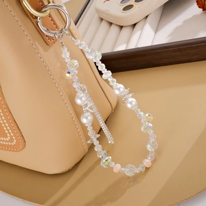 Elegant beaded phone charm and bag accessory with rhinestones and white faux pearls