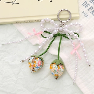 Sweet floral strawberry keychain with pearl bow and tassel for bag decoration