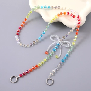 Chaîne en perles de cristal arc-en-ciel avec nœud et anneaux pour sacs ou téléphones