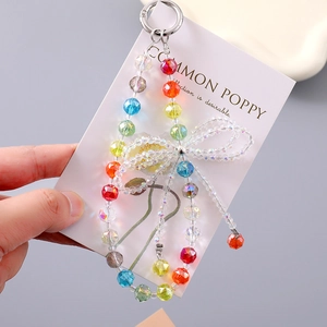 Lanière de téléphone en perles de cristal colorées avec nœud et fermoir argent
