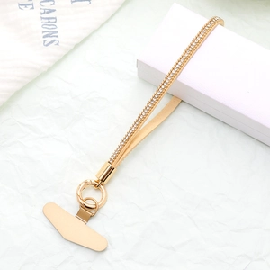 Luxury gold leather phone strap with double-row rhinestones and metal spring buckle