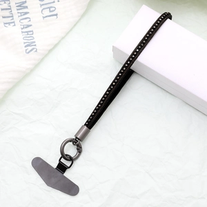 Black leather phone wrist strap with sparkling rhinestones and a metal ring connector