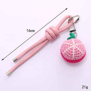 Pink crocheted peach keychain with faux leather cord and silver ring 16cm 21g