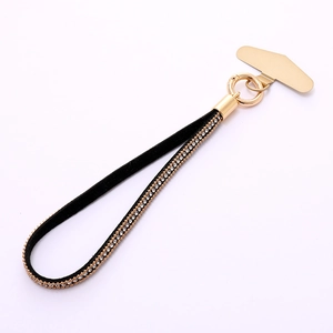 Luxury rhinestone phone wrist strap with black leather cord and gold metal spring buckle