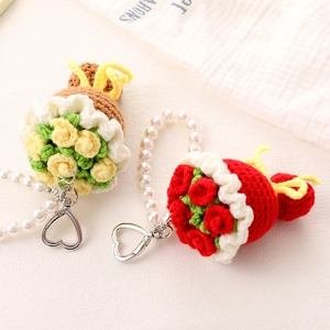 Handmade crochet rose and sunflower charms with pearl wristlet and heart metal clasp