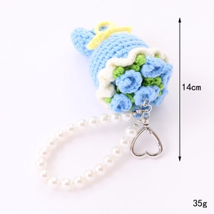 Handmade knitted blue rose flower phone wrist strap with pearls and heart metal clasp