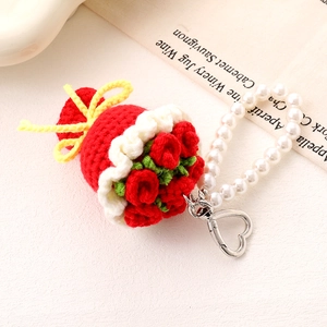 Handmade crochet red rose bouquet keychain with white pearls and heart clasp