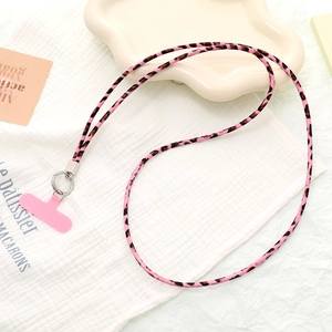 Pink leopard print phone lanyard set with crossbody strap and silver metal clasp