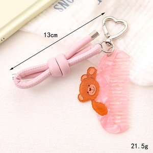 Pink acetate bear hair comb keychain with PU leather knot and heart metal clasp