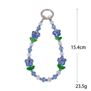 Floral beaded phone wrist strap with blue petals and green leaves, 15.4cm length