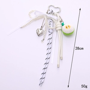 Handmade crochet apple keychain with ribbon bow and pearl beads bag charm accessory