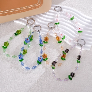 Dragonne De Téléphone Perlée Fleur Faite À Main Pendentif De Sac En Verre Coloré Avec Anneau Métallique Pour Femmes Cadeau