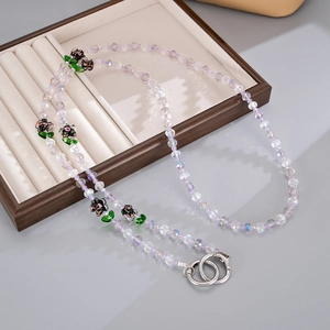 Elegant floral beaded long phone strap with lavender faceted beads and silver metal rings