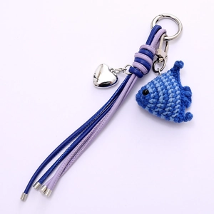 Cute handmade crochet gradient blue fish phone charm with heart tag and leather cords